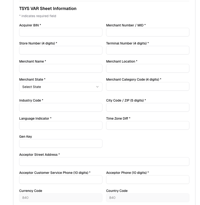 TSYS VAR Sheet Information form